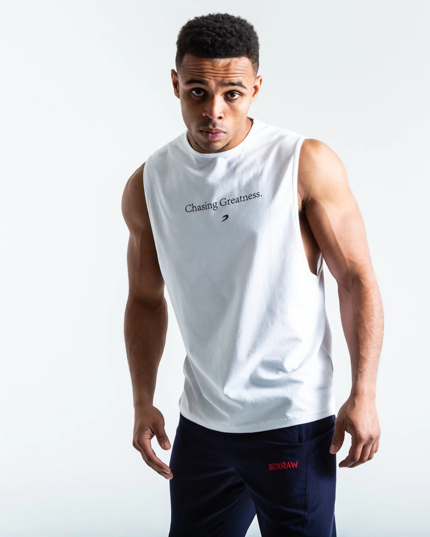 BOXRAW Men Chasing Greatness Muscle Tank - White Clothing 5 BOXRAW Men Chasing Greatness Muscle Tank - White Clothing