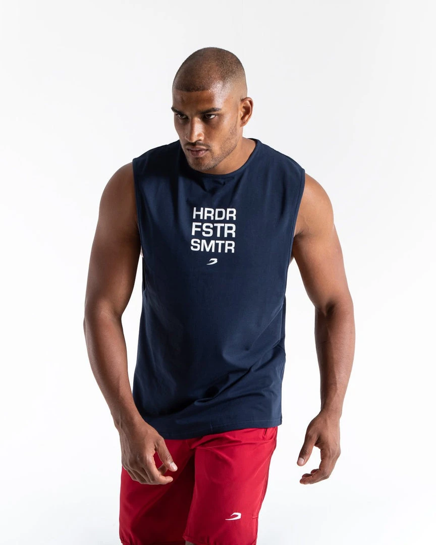 BOXRAW Men Clothing HRDR FSTR SMTR Muscle Tank - Navy 1 BOXRAW Men Clothing HRDR FSTR SMTR Muscle Tank - Navy